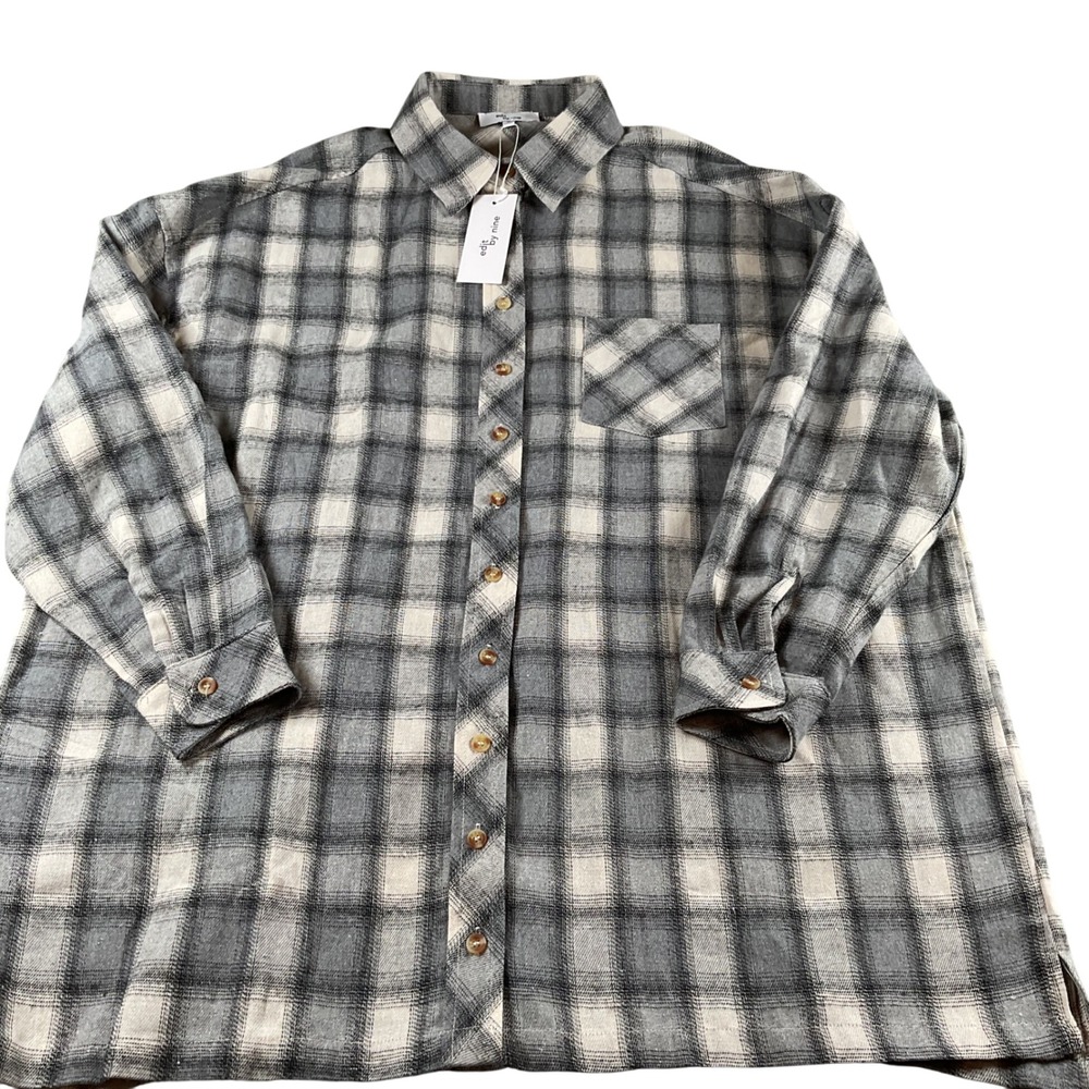 Edit by Nine Oversized Ivory‎ Grey Plaid Flannel Shirt Women's